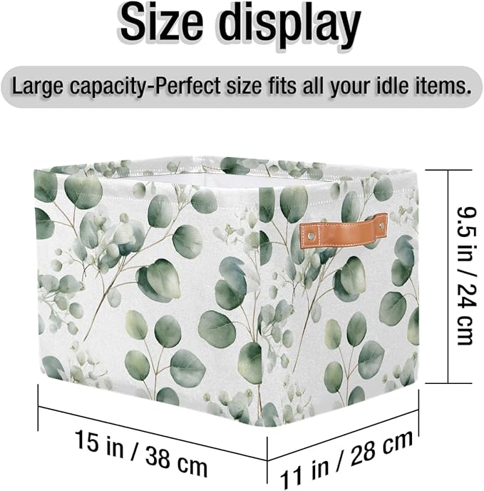 Eucalyptus Leaves Storage Basket for Shelves, Storage Bins with Handles, Collapsible Basket for Organizing, Closet Toy Baskets for Nursery Room, 15x11x9.5 in, Canvas, Sage Green