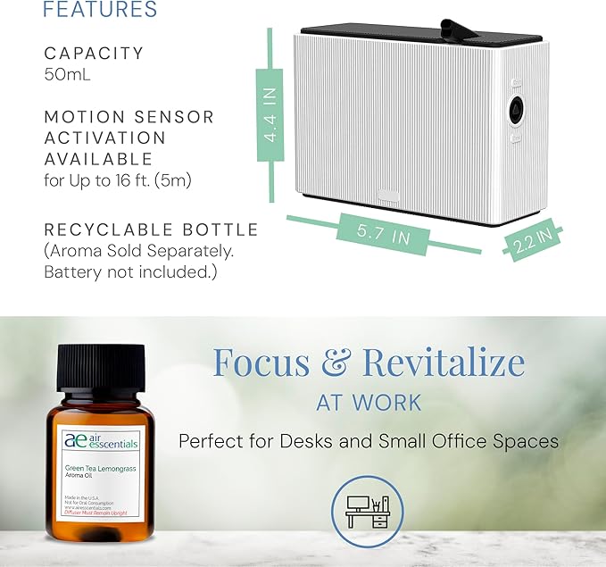 AE101Bat Waterless Scent Diffuser with Green Tea & Lemongrass Oil, Scent Machine Set for Small Spaces, Battery Operated, Motion Sensor, 100 Sq. Ft. Coverage