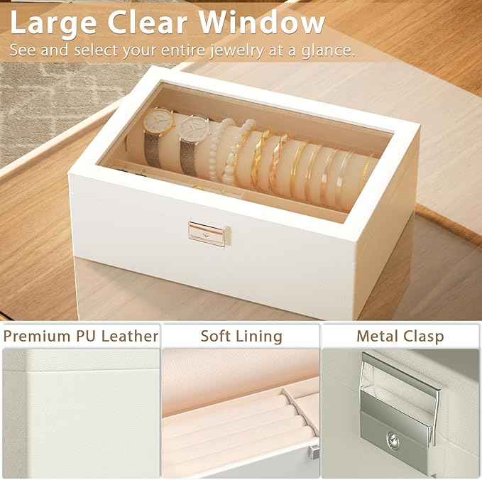 Jewelry Organizer Box with Clear Glass Lid, Bracelet Holder Jewelry Storage Case for Earrings, Rings, Bangles, Watches - PU Leather Jewelry Display Box Gifts for Women Girls, White