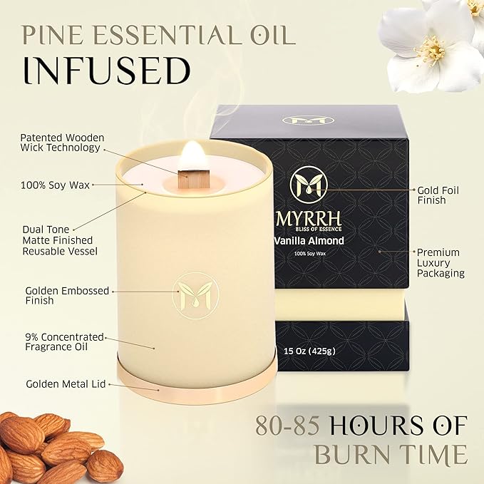 MyrrhUSA Vanilla Almond Scented Candle – 15 oz Natural Soy Wax with Crackling Wooden Wick & Essential Oil | 80 Hour Burn | Luxury Aromatherapy Candle for Relaxation, Home Décor, Living Room & Bathroom