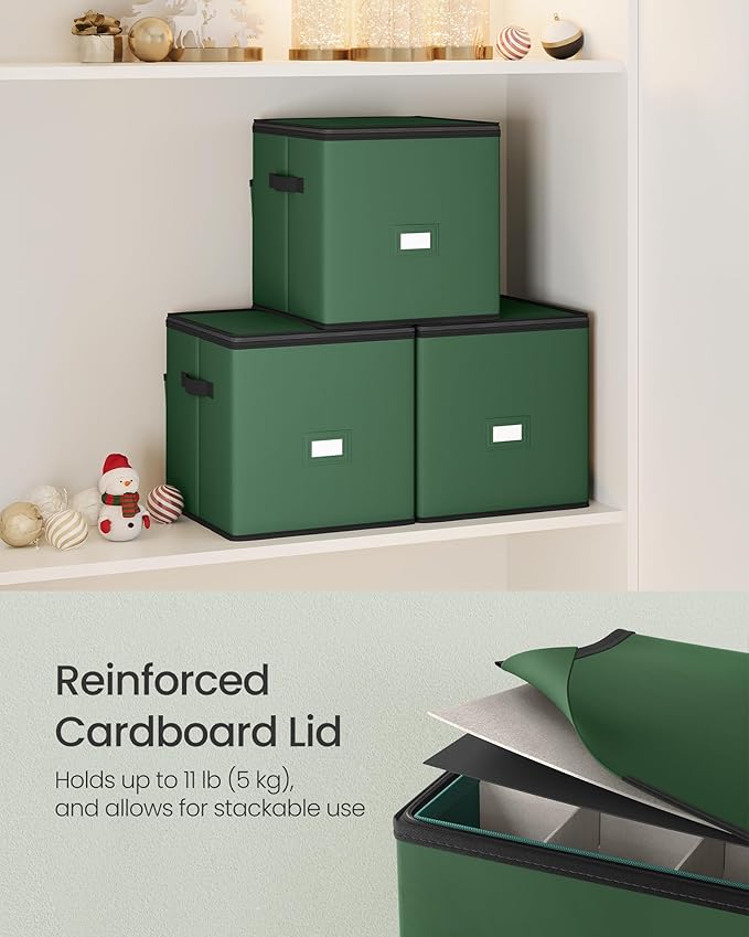 SONGMICS Christmas Ornament Storage Box, Dual Zippers, Stackable Christmas Storage Container with Lid, 4 Trays, 600D Oxford, 3-Inch 64 Slots, Forest Green URFB034C01