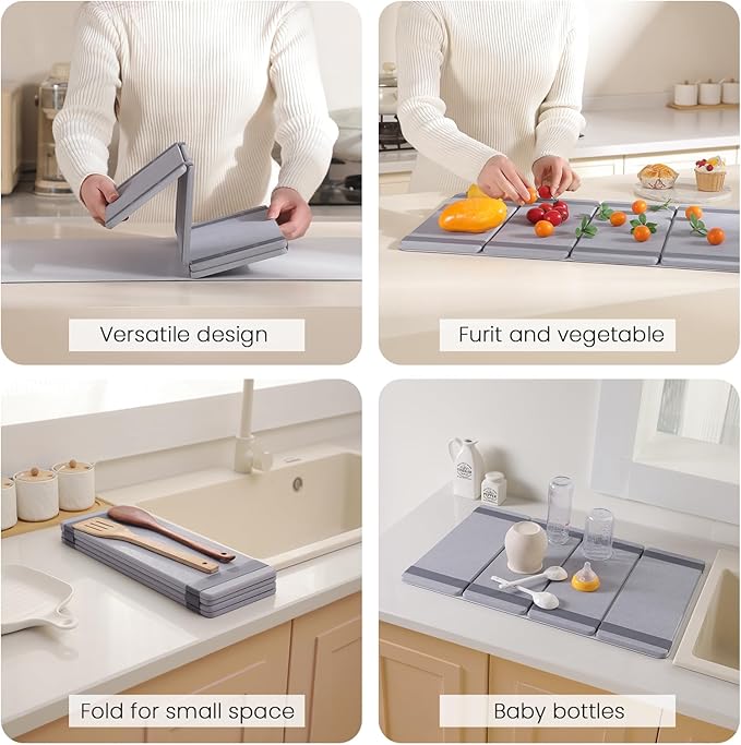 Foldable Stone Dish Drying Mat for Kitchen Counter, Double-Layer Absorbent Drying Pad, Fast Water-Absorbing & Quick Dry, Non-Slip Counter Mat for Dishes, Cups, Bottles, 24.5" x 16"