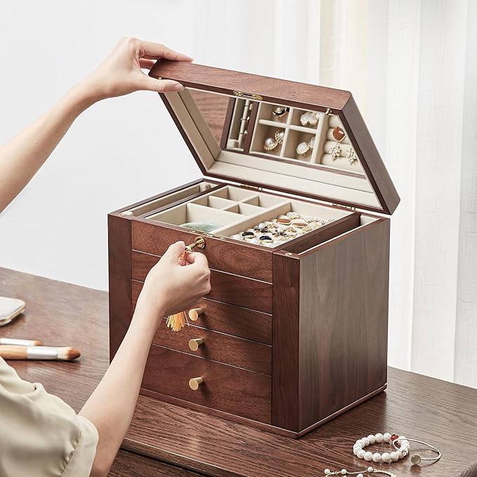 CHOSIN Black Walnut Wooden Jewelry Box for Women with Mirror, 5 Drawers and 2 Side Doors for Watches, Necklaces, Rings, Earrings Storage Valentine's Day Gift
