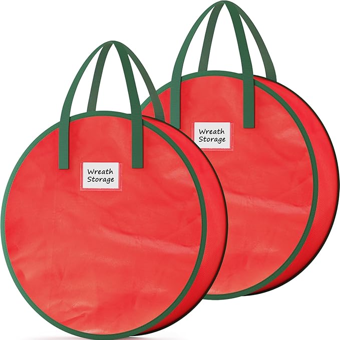 Criusia Wreath Storage Container, 2 Pack Christmas Wreath Storage Bag with Sturdy Handle, Two-way Zipper,Durable Wreath Storage Organizer Box for Holiday Decoration (Red, 36"x8")