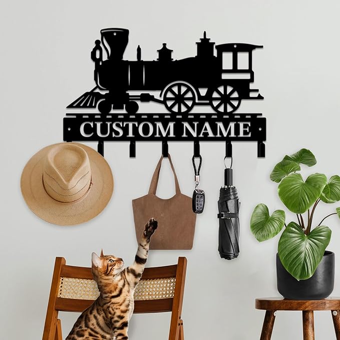 Personalized Train Metal Keys Hooks,Custom Name Metal Train Keys Hooks,Black Metal Train Wall Home Storage Decorative Keys Hooks,Key Holder Hooks for Wall (Style E)