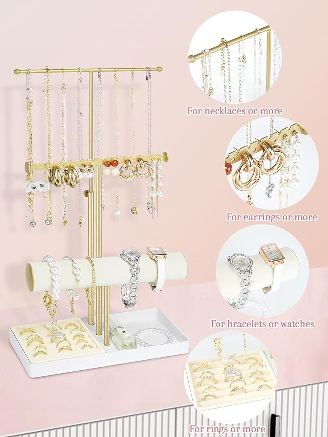 Jenseits 3-Tier Jewelry Holder Organizer:17.1" Adjustable Hanger, Velvet Ring Tray, Metal Aesthetic Display Stand for Necklaces, Earrings, Bracelets, Watches, Gold Jewelry Storage Tower Tree for Women