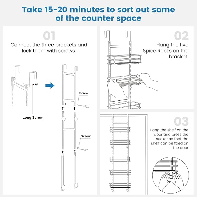 Purdaz Adjustable 5-Tier Over the Door Pantry Organizer, Spice Rack, Narrow Hanging Shelf for Kitchen Storage and Organization (White)