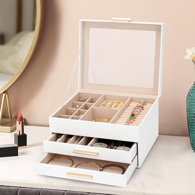 3-Layer Jewelry Box for Women, Jewelry Organizer with Glass Lid and Drawers, Jewelry Organizers and Storage for Necklaces, Rings, Earrings, Bracelets - White/Green/Black.