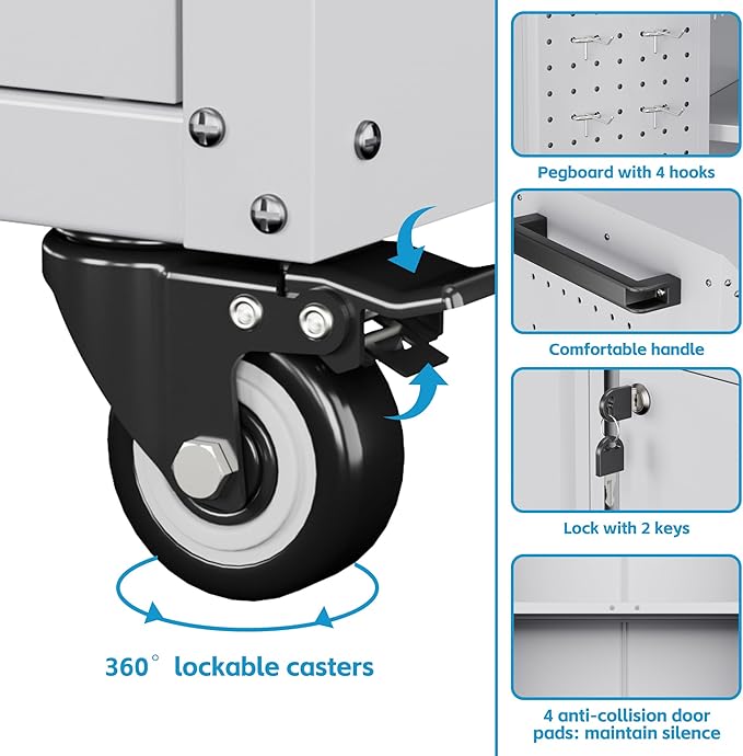 13.8" D x 26" W x 34.3" H Metal Storage Cabinet with Pegboard and Hooks,Garage Storage Cabinet with Wheels and 2 Lockable Doors for Garage,Home,Office,Assembly Required,White