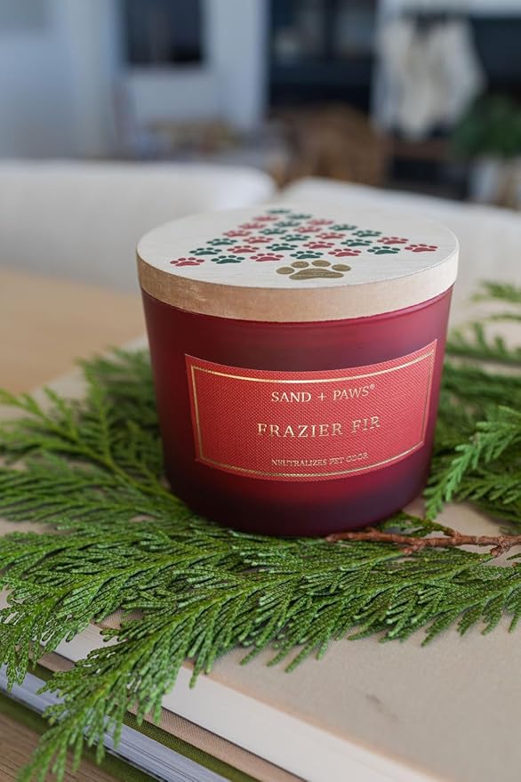 Sand + Paws Scented Candle - Frazier Fir - Additional Scents and Sizes –Luxurious Air Freshening Jar Candles Neutralize pet Odors and Enhance Home décor – 100% Cotton Lead-Free Wicks - 12 oz