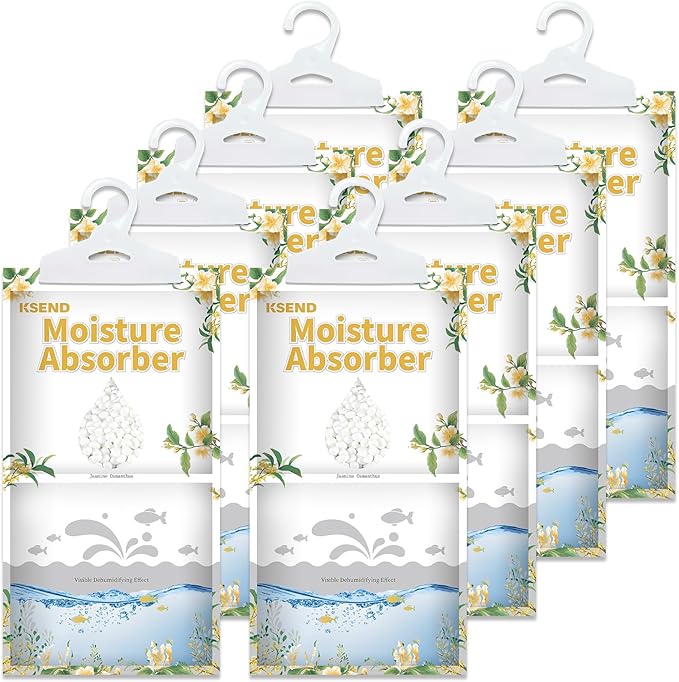 Ksend Moisture Absorbers 8 Packs - 9.8 oz Dehumidifier Bags, Portable Moisture Hanging Bags for Closet, Bathroom and Kitchen, Jasmine Osmanthus Scent, 11.8" x 6.3"