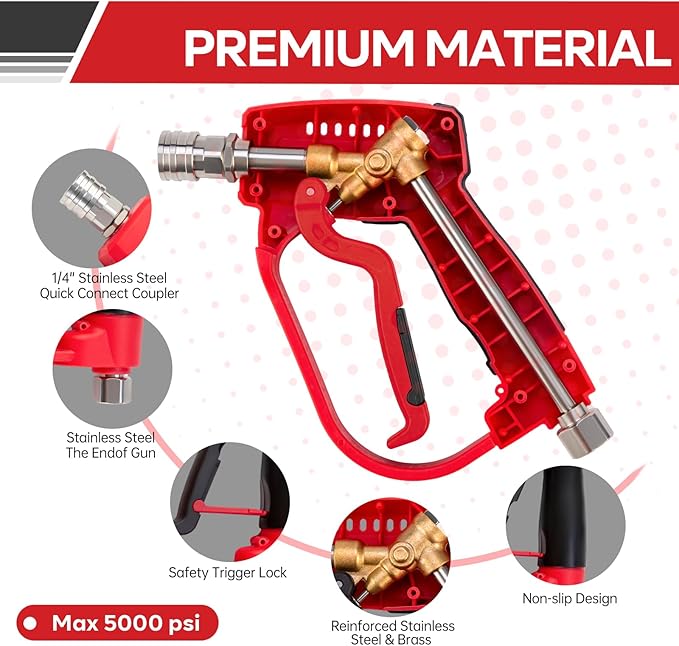 AURORA CAR Short Pressure Washer Gun 5000PSI，High Pressure Washer Gun with 5 Spray Nozzle Tips, 3/8" Quick Connect Plug and M22-14/15mm Fittings, Power Washer Gun Compatible with Foam Cannon，12 GPM