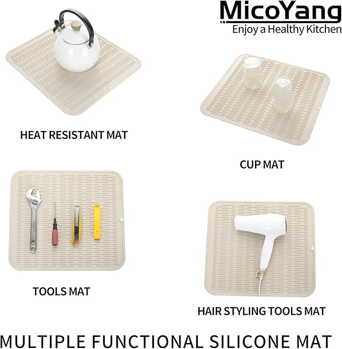MicoYang Silicone Dish Drying Mat for Multiple Usage,Easy clean,Eco-friendly,Heat-resistant Silicone Mat for Kitchen Counter or Sink,Refrigerator or Drawer Liner Tapioca XL 18 inches x 16 inches