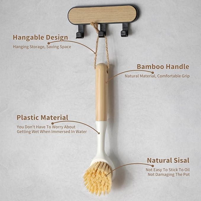 DEBETOOL Dish Brush with Built-in Scraper - 4 Pack Bamboo Dish Scrubber Brush with Handle, Kitchen Brushes for Dishes & Pots, Sink, Eco Cleaning Tool Set