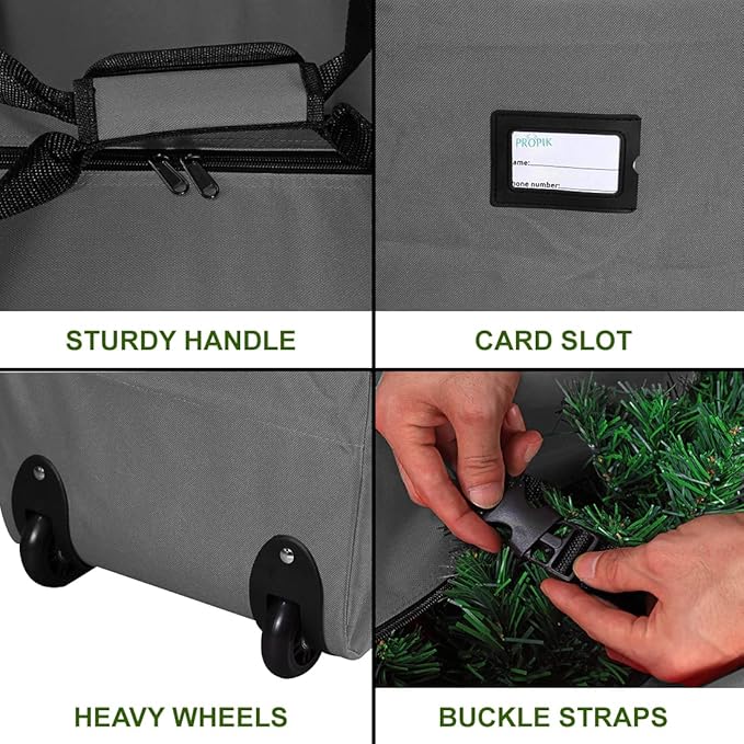 ProPik Rolling Christmas Tree Storage Bag, Fits Up to 7.5 Ft. Tall Disassembled Holiday Tree, 22" x 16" x 50", Large Heavy Duty Xmas Storage Container with 2 Wheels & Handles, 600D Oxford (Gray)