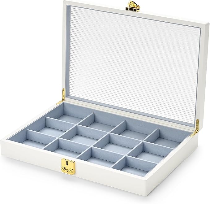 Oirlv White 12 Gird Luxury Leather Jewelry Organizer Tray with Clear Lid Lockable Jewelry Box Bangle Holder Box for Women (Blue Interior) 12 Grid