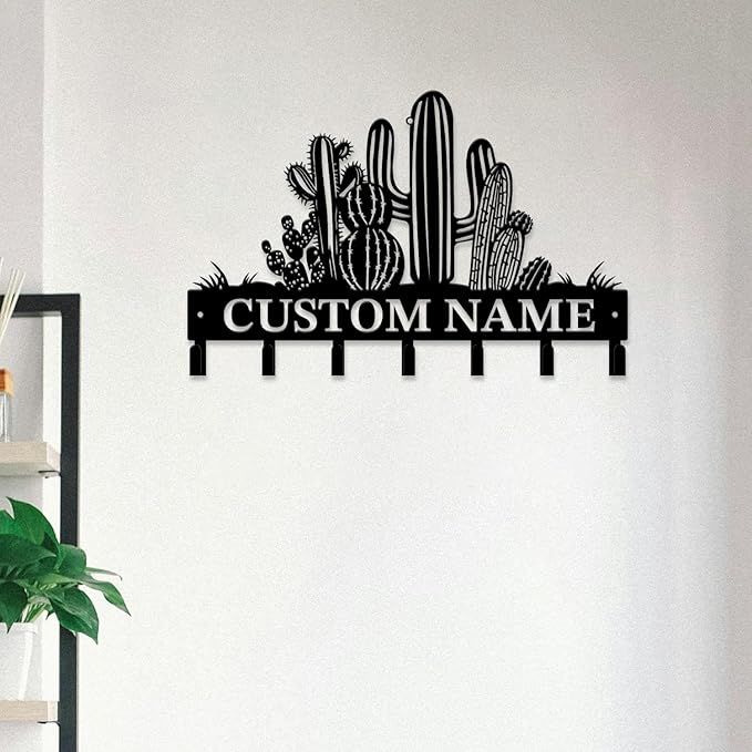 Personalized Custom Name Cactus Wall Keys Hooks,Metal Cactus Art Clothes Hooks,Metal Cactus Lover Wall Home Storage Decorative,For Front Door, Hallway, Kitchen, Bedroom,Keys,Hats (Style B)