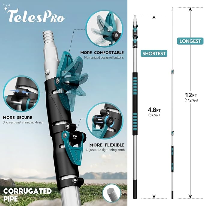 TelesPro 20 Foot High Reach Duster Kit with 5-12FT Extension Pole High Ceiling Dusting and Window Cleaning Kit with Telescopic Pole Window Washer&Squeegee,Cobweb Duster,Fan Duster and Feather Duster