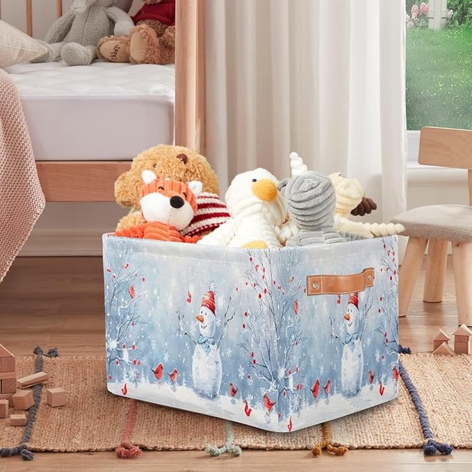 Storage Baskets Bin, Christmas Winter Snowman Collapsible Canvas Fabric Storage Bin Decorative Baskets Toy Organizer Rectangle Storage Boxes with Handles for Home Shelves Nursery, J-019