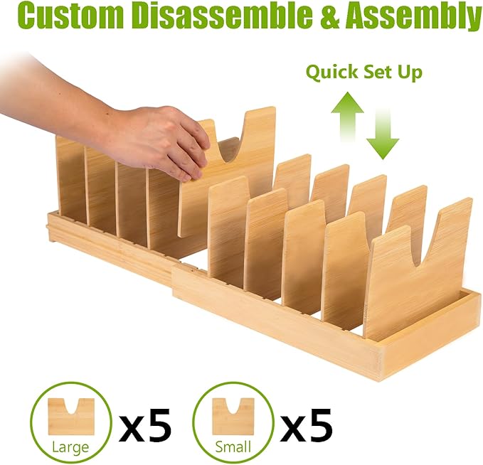 VKDDM Pots and Pans Organizer for under Cabinet - Expandable Bamboo Pot Lid Organizer, Bakeware and Cutting Board Organizers, Drawer Pot Lid Holder Rack for Kitchen Organizers and Storage