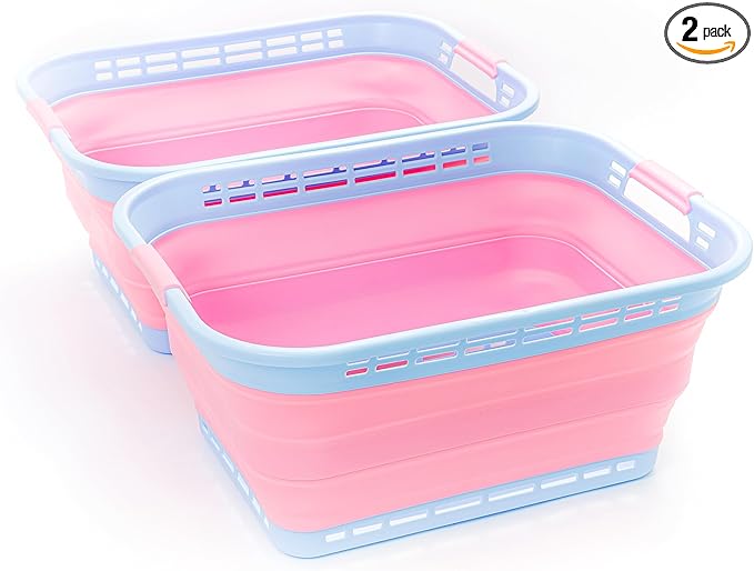 SAMMART 42L (11 Gallons) Collapsible Plastic Laundry Basket - Foldable Pop Up Storage Container/Organizer - Portable Washing Tub - Space Saving Hamper[BPA Free] (Cool Blue/Maglia Rosa (Set of 2))