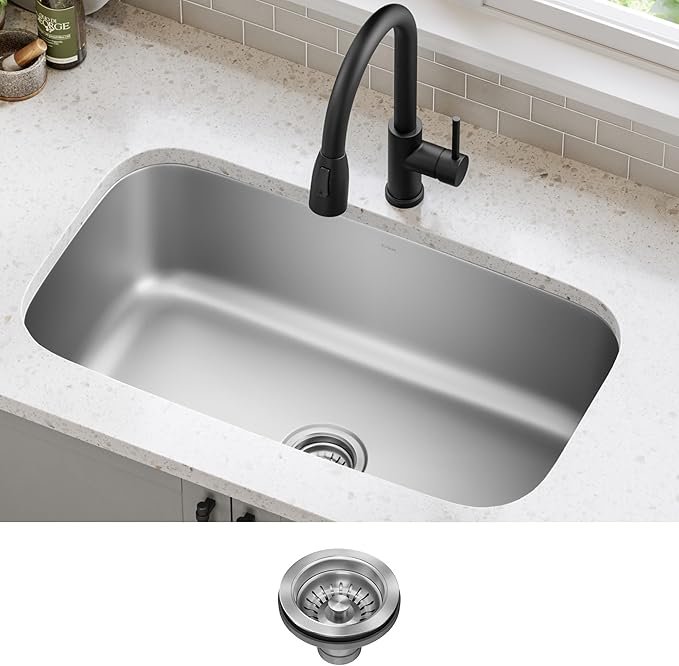 Kraus 31 1/2 Inch Stainless Steel Kitchen Sink, Durable 18 Gauge Single Bowl Kitchen Sinks Undermount, KBU14