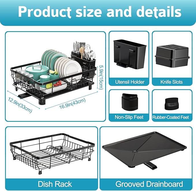 Ricobes Dish Drying Rack - Space Saving Dish Rack - Dish Racks for Kitchen Counter with Drainboard,Rustproof Dish Drainer with Removable Utensil Holder,Black
