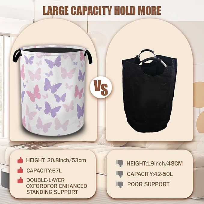 Butterfly Laundry Basket,Waterproof Foldable Pink Purple Butterflies Laundry Hamper,Dirty Clothes Basket, Linen Bin Storage Organizer Collection 16" x 20.8"