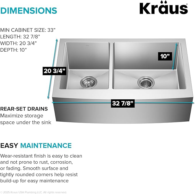 Kraus KHF204-33 Standart PRO Kitchen Stainless Steel Sink, 16 Gauge, 33" Undermount Round Apron 40/60 Double Bowl Kitchen Sink