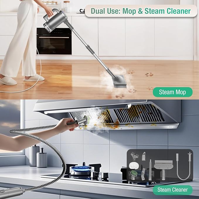 11-in-1 Steam Mop - Detachable Handheld Steam Cleaner with 380mL Tank, 260℉ Floor Steamer for Hardwood, Tile, Grout, Windows, Bath & Kitchen - 3-Level Steam Control, Multi-Purpose Floor Steam Cleaner