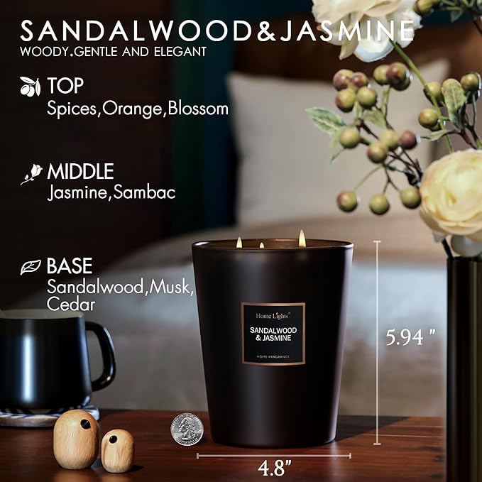 HomeLights Scented Candles | Large Jar 33.3 Oz Natural Soy Candle | 130 hrs with 3 Cotton Wicks, Sandalwood Jasmine Home Fragrance Candles Gift