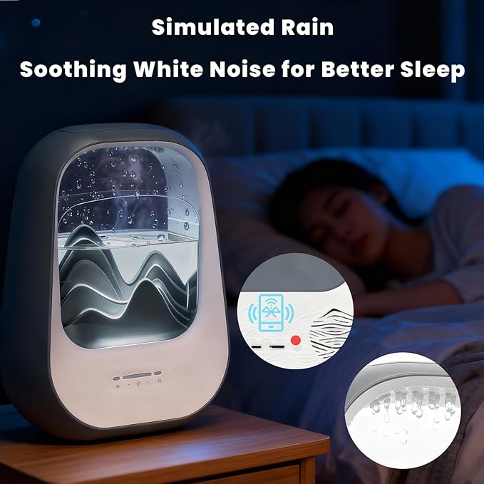 Rain Drop White Noise Machine with Realistic Rain Sounds – Sleep Therapy Humidifier, Bluetooth Speaker, Ambient Light & Aroma Diffuser for Bedroom Relaxation, Meditation & Stress Relief