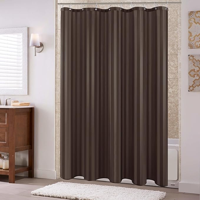 Biscaynebay Fabric Shower Curtain or Liner 72" by 72", Brown Water Repellent Damask Stripes Bathroom Curtains Machine Washable