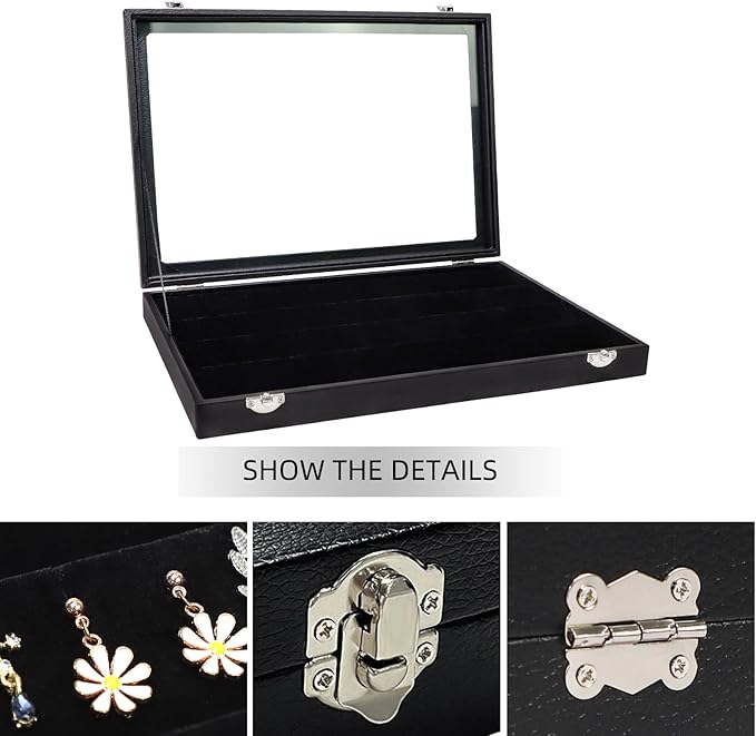 Wudygirl 32 Pairs Jewelry Organizer Velvet Jewelry Tray Clear Lid Earring HolderOrganizer Jewelry Box Earrings Holder Display Case Stackable（Earring Storage）