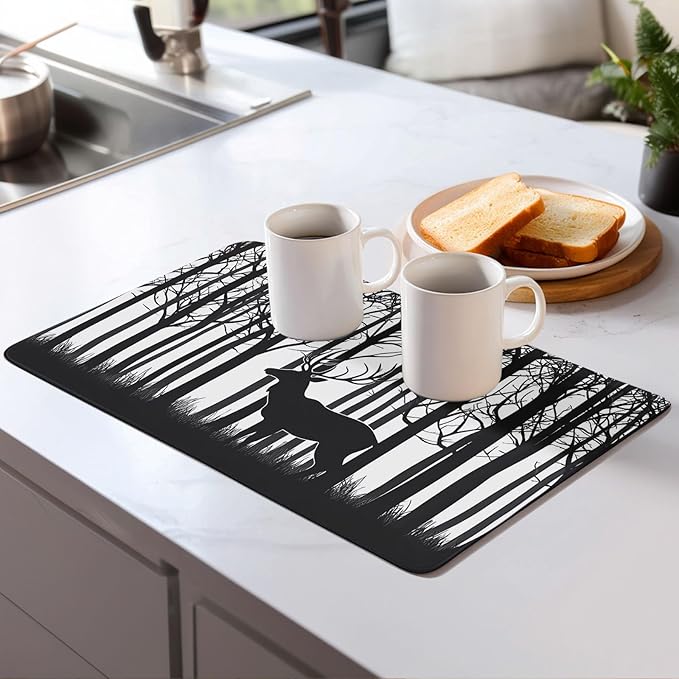 Deer Dish Drying Mat for Kitchen Counter Microfiber Super Absorbent Non-Slip Dish Drying Pad for Countertops Dishes Utensils Stylish Quick-Dry Machine Washable 18x24 Inch