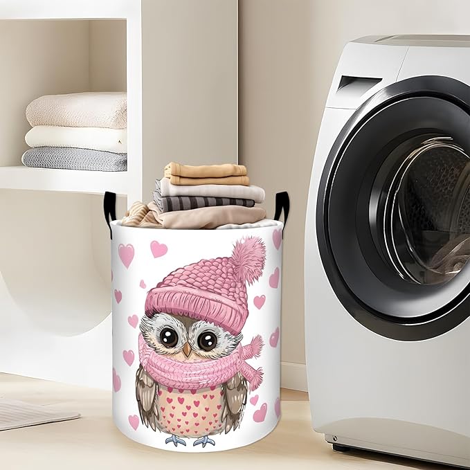 Cute Owl in Pink Hat with Heart Pattern Laundry Basket with Handles, 19.7"x15.7" Clothes Foldable Laundry Hamper Organizer for Dorm Nursery Bedroom Bathroom Decor, Toy Storage Bin for Kids