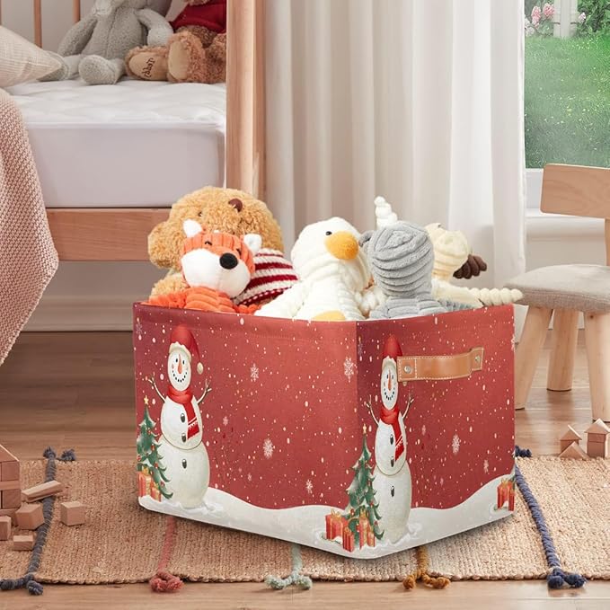 Storage Baskets Bin, Christmas Winter Snowman Collapsible Canvas Fabric Storage Bin Decorative Baskets Toy Organizer Rectangle Storage Boxes with Handles for Home Shelves Nursery, J-011