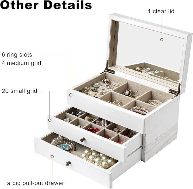 Meangood Jewelry Box Organizer for Women, 3 Layer Large Jewelry Storage Case, Rustic Wooden Jewelry Box with Mirror & Ring Tray for Necklace Earring Bracelets Rings, Vintage Style (White)