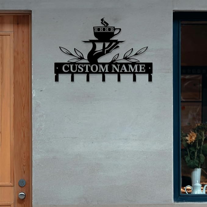 Personalized Custom Name Coffee Bar Wall Keys Hooks,Metal Coffee Shop Art Clothes Hooks,Metal Coffee Lover Wall Home Storage Decorative,For Front Door, Hallway, Kitchen, Bedroom,Keys,Hats (Style C)