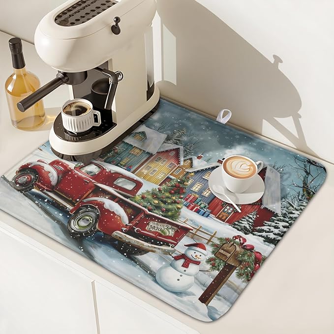 Christmas Dish Drying Mat for Kitchen Counter 18x16 Inch Xmas Red Truck Drying Mat with Absorbent Reversible Microfiber House Snowman Winter Dish Drainer Mats Rack Pad for Coffee Countertop Protector