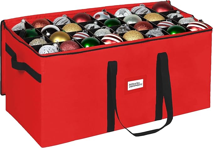 Christmas Ornament Storage Container,Box Stores Up to 128-3 inch ornaments, Adjustable Dividers, Large Organizer Bin to Protect and Store Holiday Décor - Red