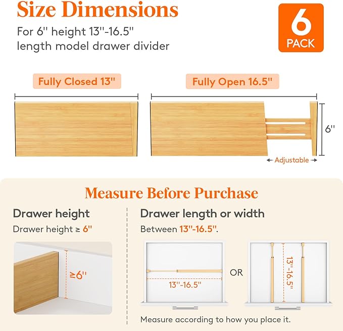 Lifewit 6 Pack 6" Deep Bamboo Drawer Dividers, 13-16.5" Expandable Drawer Organisers for Clothes, Adjustable Dresser Drawer Divider, Clothing Drawers Separators for Dresser, Bedroom, Bathroom, Office