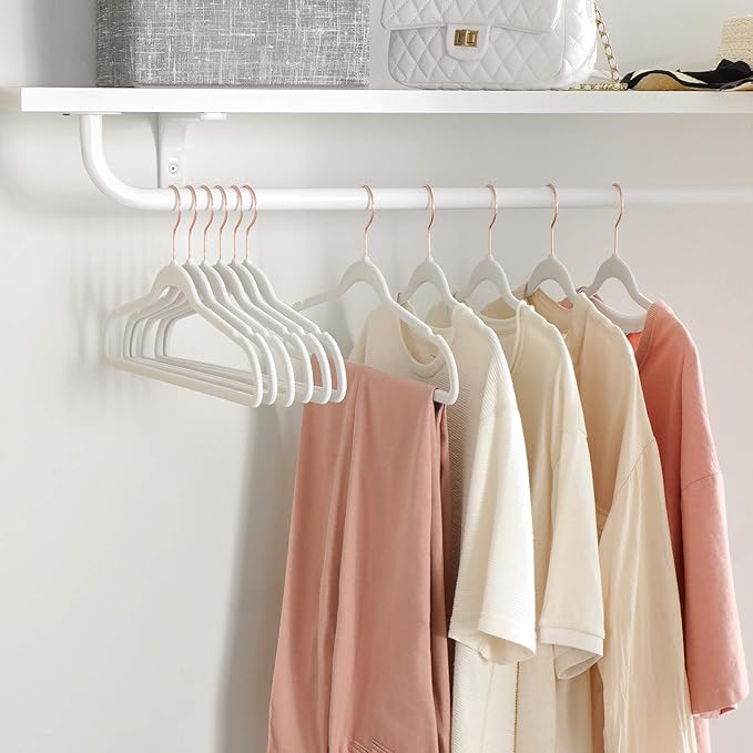 SONGMICS Slim Velvet Hangers, Non-Slip Clothes Hangers with Rose Gold Swivel Hooks, Space-Saving, for Closet, 50 Pack, White UCRF026W03
