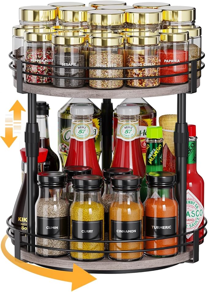 Across-Star Lazy-Susan-Organizer-Spice-Rack, 2-Tier Rotating Spice Organizer For Kitchen-Cabinet-Countertop-Pantry, Turntable Seasoning Holder Storage Shelf With Adjustable Height