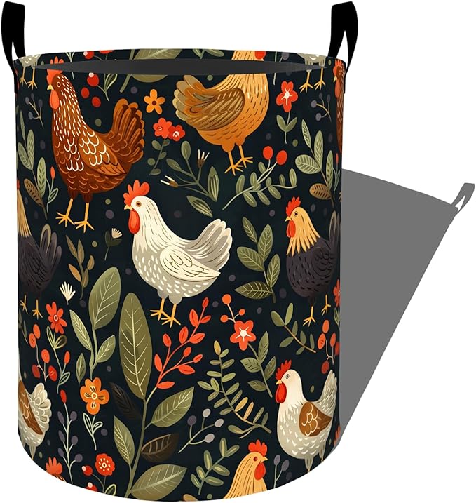 Colorful Chickens and Green Leaves Laundry Basket with Handles, 19.7"x15.7" Clothes Foldable Laundry Hamper Organizer for Dorm Nursery Bedroom Bathroom Decor, Toy Storage Bin for Kids
