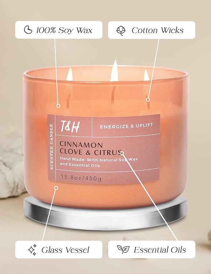 Cinnamon Clove Citrus 3 Wick Soy Candle Large 15.8oz | Spiced Orange Scented Candles for Home | Clean Burn Long Lasting Candle | Warm Cozy Aromatherapy Candle | Housewarming Birthday Gift