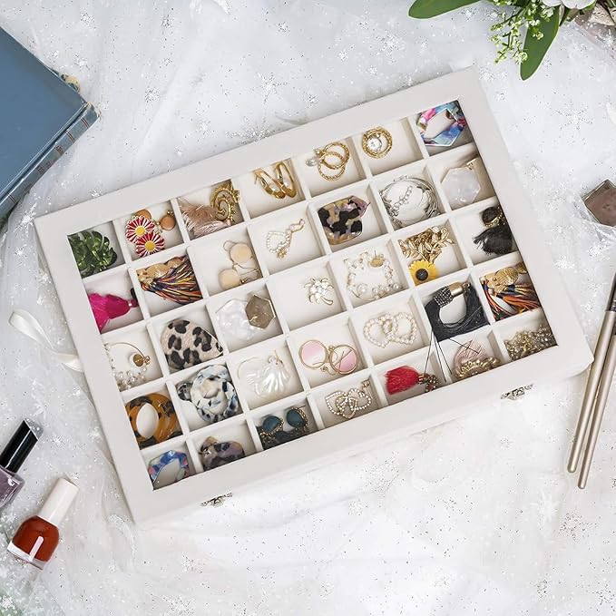 Mebbay 35 Grid Earring Organizer Velvet Jewelry Tray Organizer Felt Jewelry Box Tray Holder with Clear Lid for Drawer, Earring Necklace Bracelet Ring Healing Stones Storage (Creamy White)