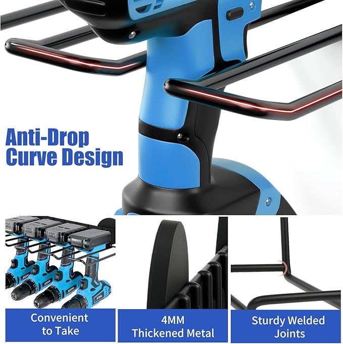 Rukinovi Magnetic Power Tool Organizer Wall Mount - Heavy Duty Drill & Screwdriver Holder with No Drilling Installation, Removable Steel Rack for Garage Workshop, Holds 4 Drills 9 Screwdrivers