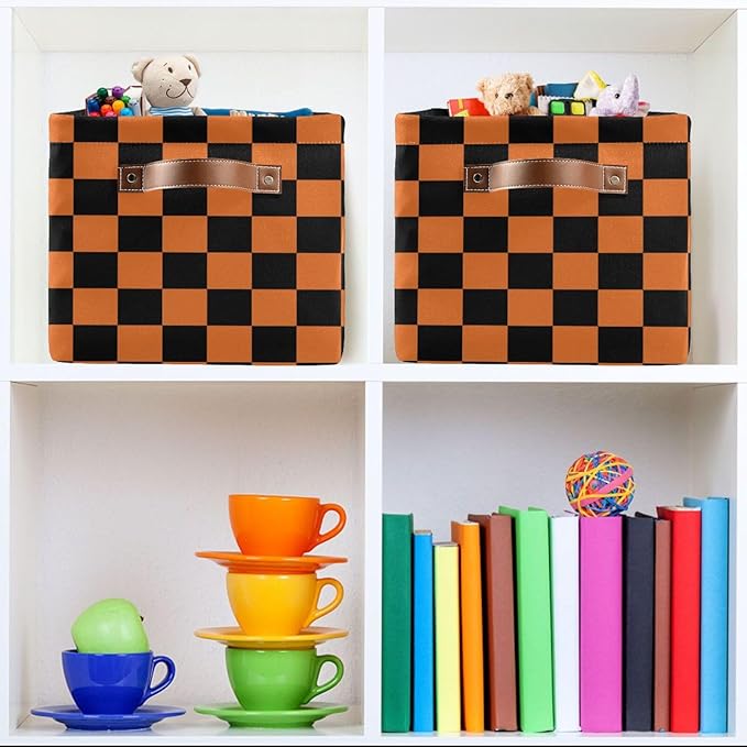 ALAZA Black Orange Checkered Halloween Foldable Storage Box Storage Basket Organizer Bins with Handles for Shelf Closet Living Room Bedroom Home Office 2 Pack
