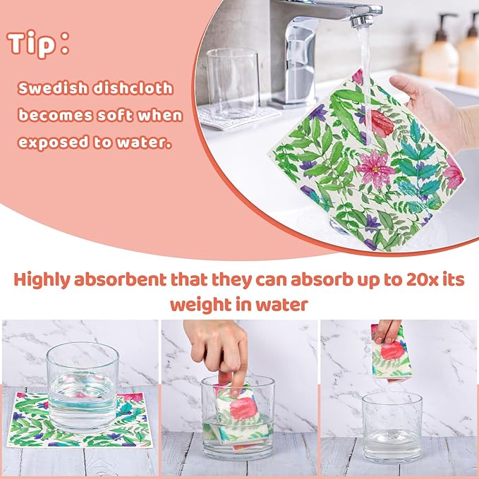 6 Pack Swedish Dishcloths for Kitchen, Swedish Rags Absorbent Floral Dish Cloths Dish Towels with Adhesive Clips, Reusable Paper Towels No Odor for Cleaning Kitchen Valentines Gifts for Women